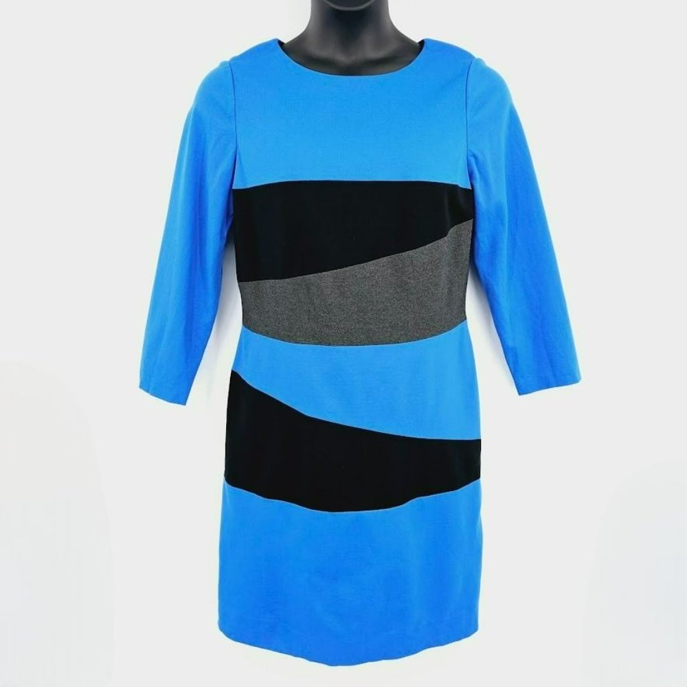 Carlisle Colorblock Midi Dress 12 Long Sleeve Sheath Blue Black Grey Zip Back